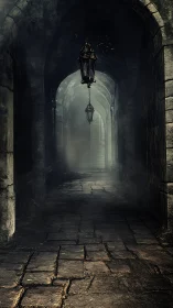 Moody stone passageway glowing with soft lantern light.