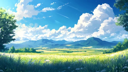 Digital illustration shows open field, distant hills and clouds