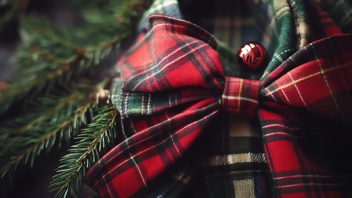 Macro study of tartan bow tie on flannel shirt with fir branch