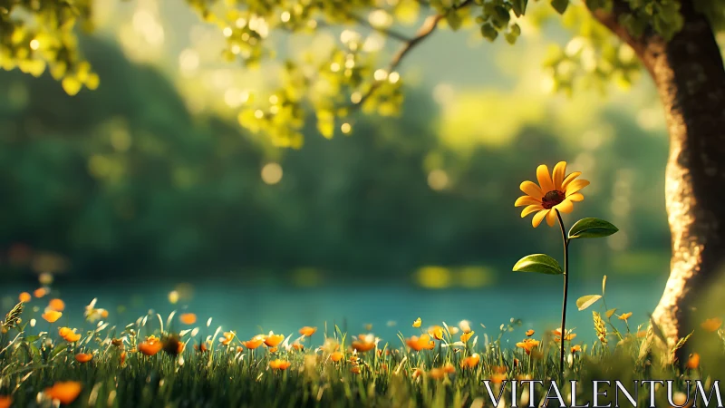 Single Yellow Flower in Sunlit Meadow Near Tree, Soft Focus Art.