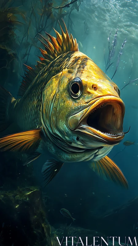 Hyperrealistic golden reef predator in dynamic kelp forest