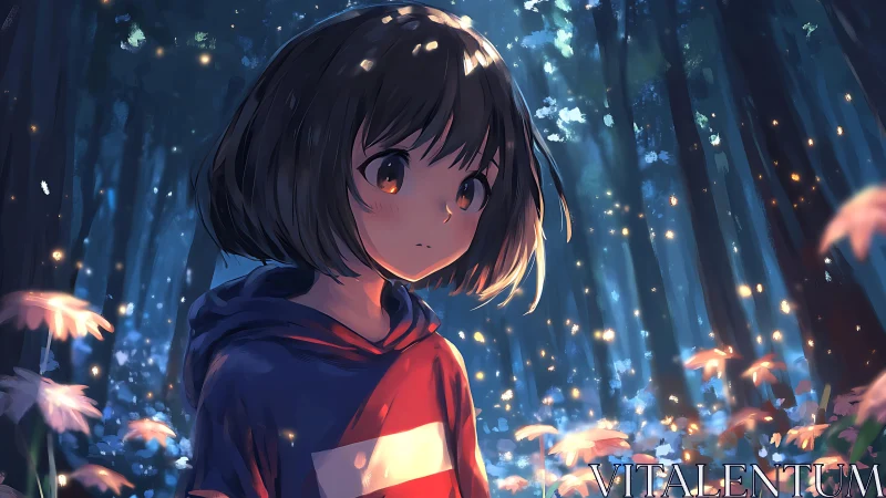 Forest-lit anime girl in glowing bokeh and pastel flowers.