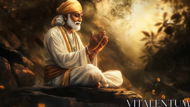 Elderly sage in prayerful meditation rendered as luminous digital art