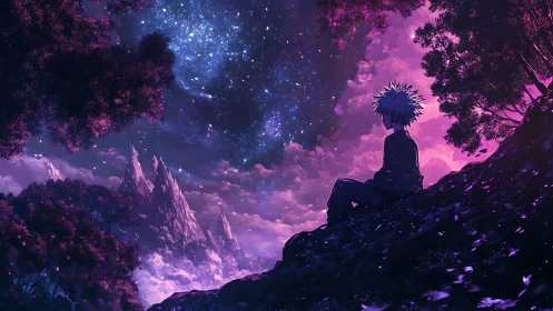 Solitary anime figure viewing violet nebula sky from hillside