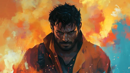 Digital painting portrait with fiery atmospheric color field.