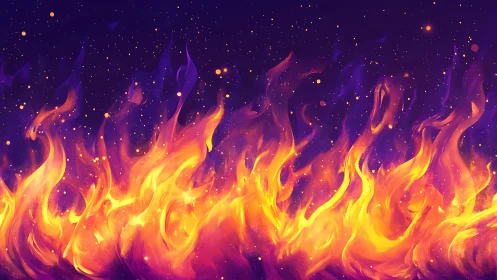 Ethereal Flames Rising Against Starlit Purple Cosmos Background