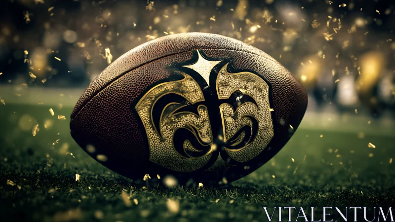 Close-up gridiron football with ornate gold crest on turf