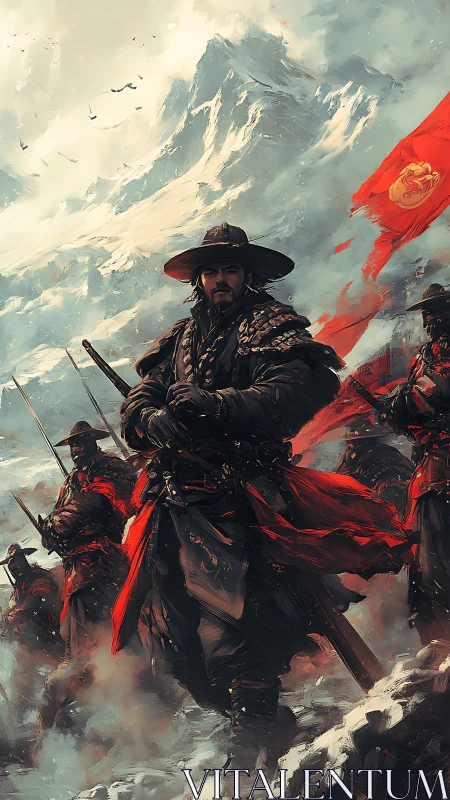 Armored soldiers advancing through snow beneath mountains.