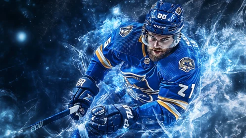 Hockey player in dynamic ice burst rendered as digital painting