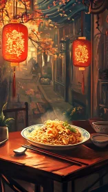 Steaming noodle dish on wooden table under red lanterns.