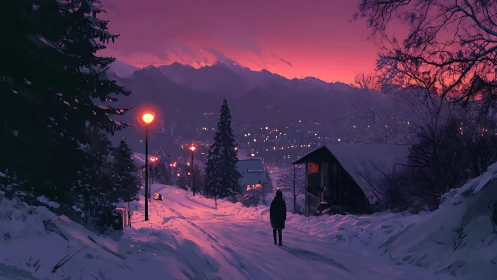Person walks down snowy hill road toward distant lit town
