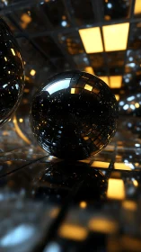 Mirrored sphere drifts through a golden pixel-lit chamber