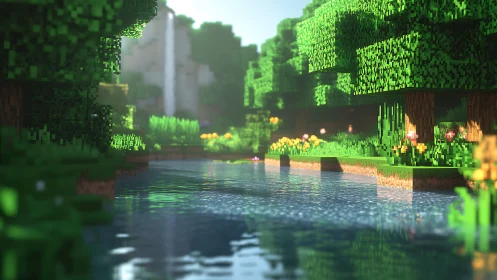 Blocky river landscape with bright forest and waterfall.