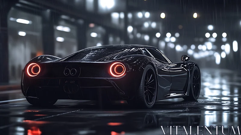 Midnight supercar glowing through rainy city streets.