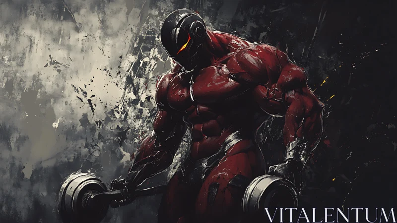 Powerful armored warrior calmly lifting heavy dumbbells