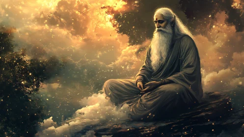 Elderly sage in meditation amid glowing cloudscape.