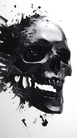 Shattered obsidian skull rendered in glossy fluid abstraction.
