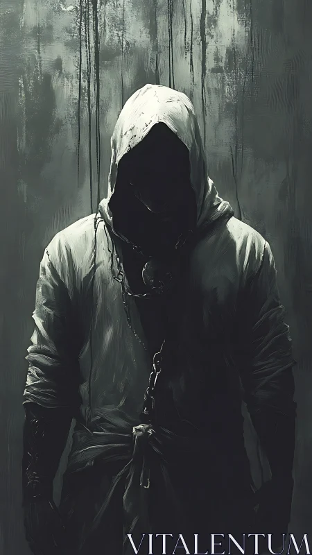 Hooded shadowed figure stands bound in chains and gloom.