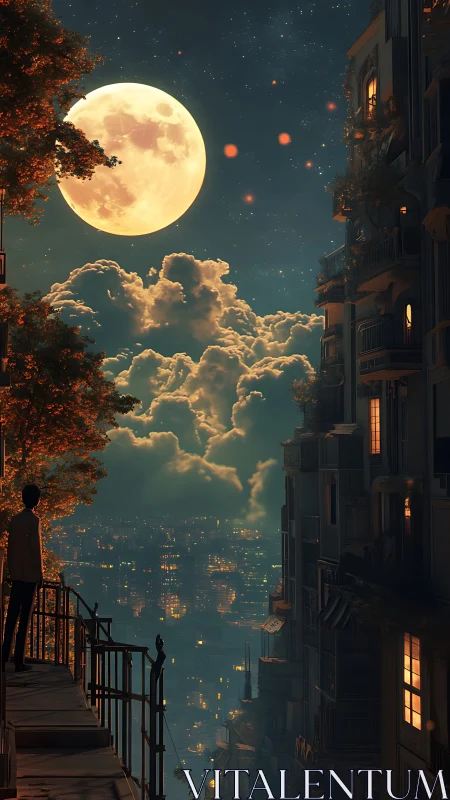 Urban balcony view under large moon above night skyline.