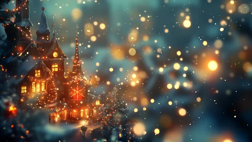 Snow-covered village buildings with warm window lights at night.