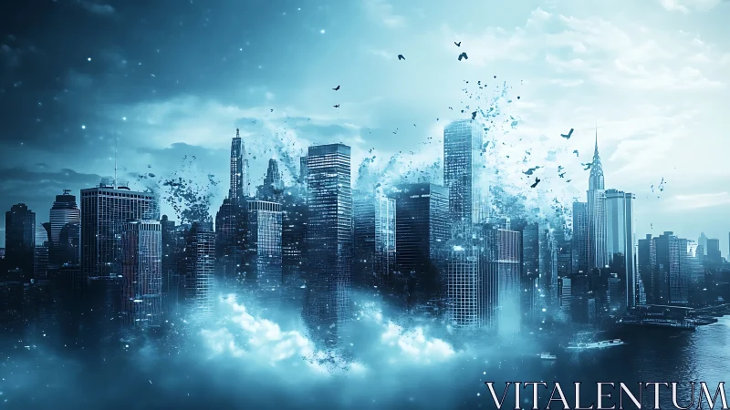 Shimmering skyline unravels into mist, birds, and bright shards