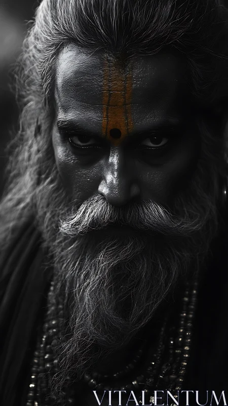 Monochrome portrait isolates intense gaze of ascetic elder sage