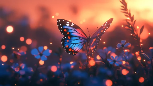 Radiant butterfly drifts through glowing meadow at sunset