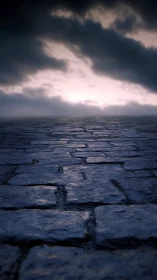 Low-angle wet cobblestone pathway under stormlit horizon.