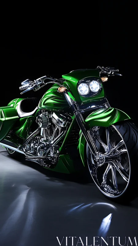 Emerald custom motorcycle glowing against night-black silence.