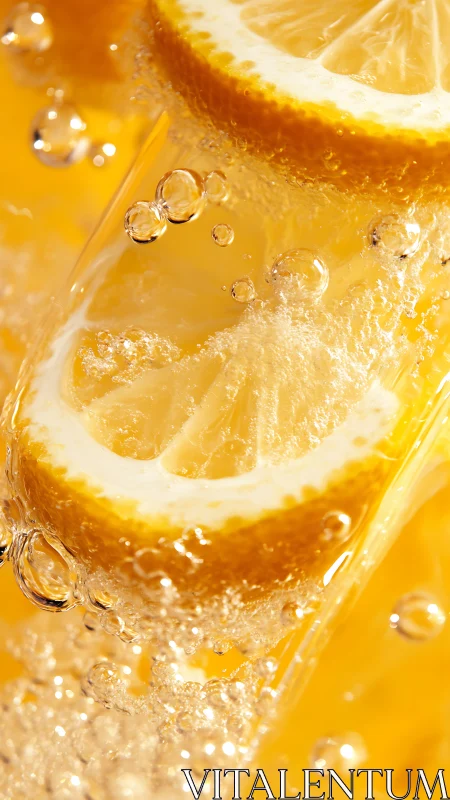 Effervescent lemon slices suspended in sparkling liquid.