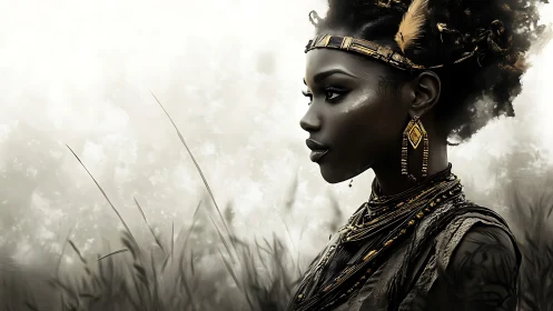 Profile view of adorned woman in stylized natural setting.