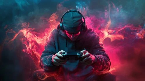 Cyberpunk gamer portrait with neon smoke immersion effect.