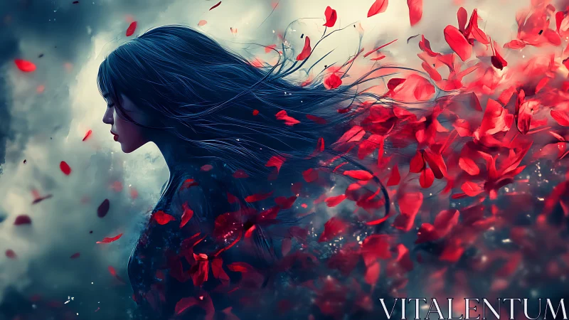 Melancholic woman dissolves into swirling red petals.