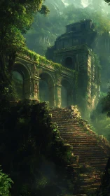 Sunlit jungle ruins and mossy stairway into lost history.