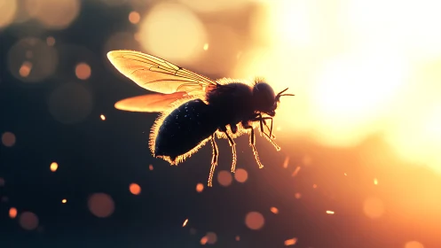 Glowing fly hovers in golden sunset dust-filled air