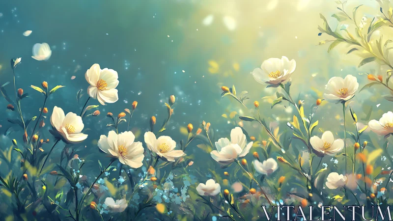 Field of white blooms with golden centers in atmospheric gradient light.