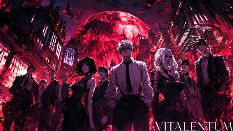 Group of suited figures in red-lit ruined city at night.