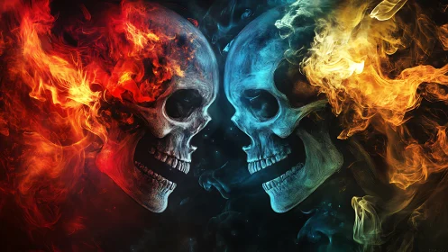 Flaming skulls collide in mirrored red, blue and yellow fire