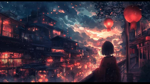 Lantern-lit river town rendered in high-contrast atmospheric perspective