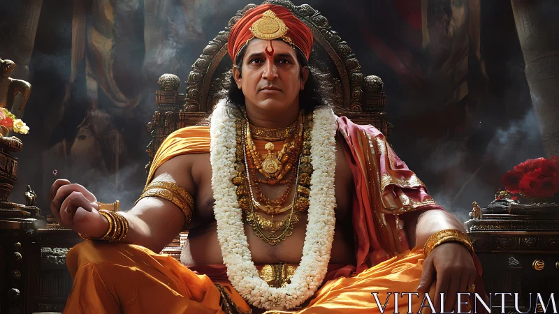 Royal Hindu monarch on ornate throne in temple court.