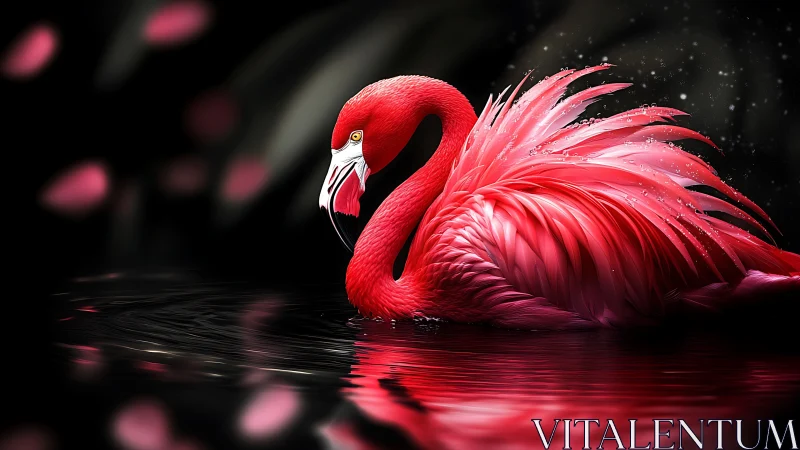 Vibrant digital flamingo gliding over dark reflective water.