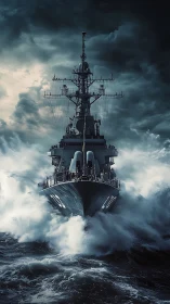 Warship charges through storm waves under dark skies.