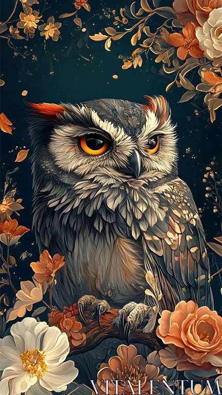 Gentle midnight owl resting among glowing golden blooms.