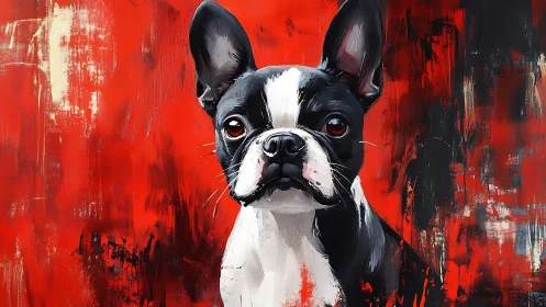 Brush-textured French bulldog portrait contrasts vivid red field