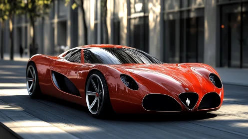 Photorealistic urban render of red aerodynamic supercar form.