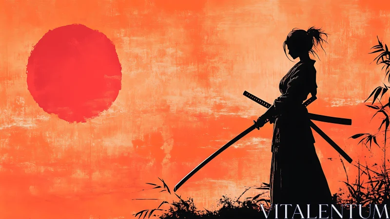 Samurai silhouette poised beneath blazing scarlet sun.