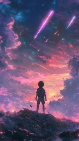 Silhouetted child watching glowing meteors streak sky.