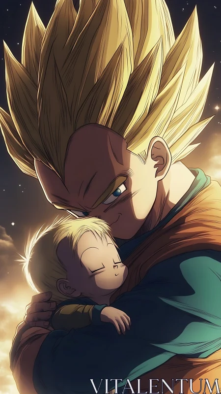 Starlit warrior cradles dreaming child in quiet cosmic hush