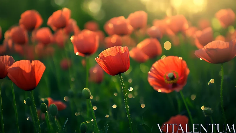 Red Poppies in Sunlight. Morning Bokeh Garden.