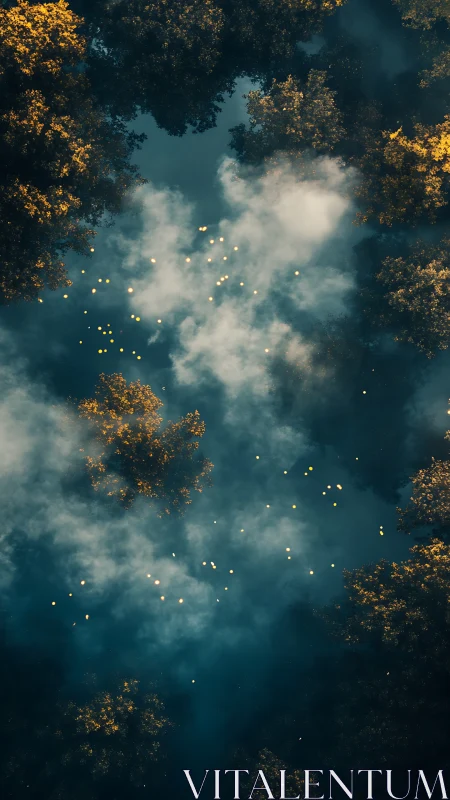 Golden Forest Glow: A Dreamy Aerial Sky Dance.